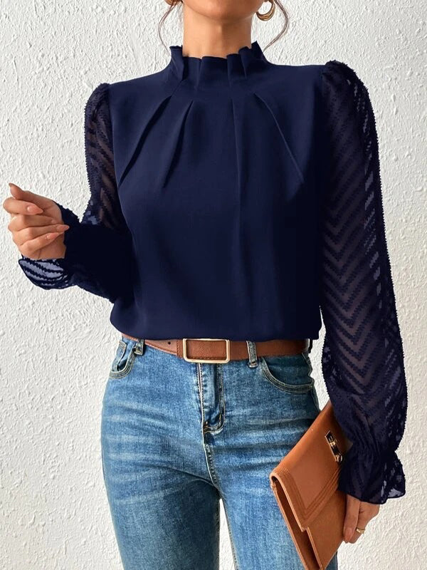 flowersverse Elasticity Mesh Pleated Solid Color Long Sleeves Loose Mock Neck Blouses&Shirts Tops