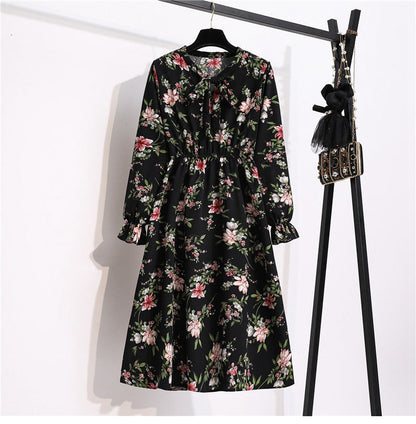 flowersverse Autumn Winter Ladies Chiffon High Elastic Waist Women Bow Aline Full Sleeve Flower Print Floral Party Dress Female Vestido