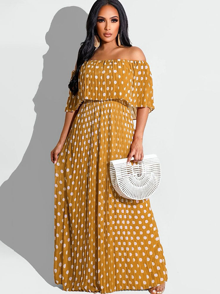 flowersverse Chiffon Off Shoulder Polka Dot Maxi Dresses