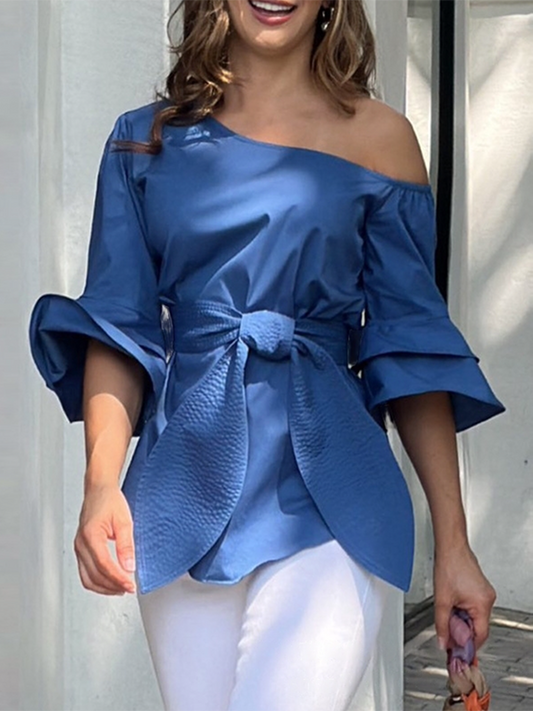 flowersverse Asymmetric Knot Solid Color Flared Sleeves One-shoulder Blouses&shirts Tops