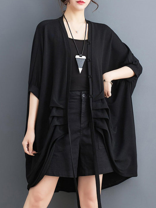 flowersverse Drawstring Solid Color Half Sleeves Irregular Clipping V-Neck Outerwear