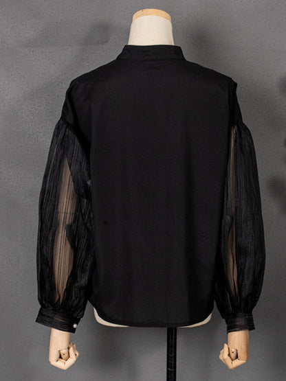 flowersverse Asymmetric Buttoned See-Through Solid Color Split-Joint Long Sleeves Loose Stand Collar Blouses&shirts Tops