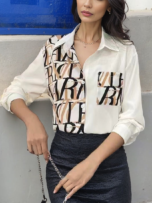 flowersverse Asymmetric Buttoned Letter Print Pockets Long Sleeves Loose Lapel Blouses&shirts Tops