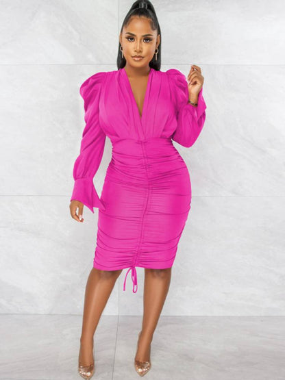 flowersverse Long Sleeve V Neck Ruched Bodycon Midi Dresses