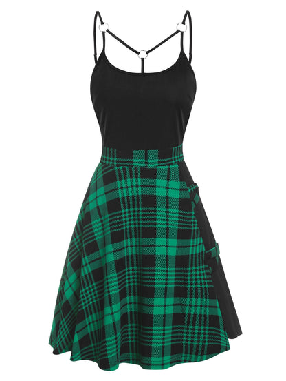 flowersverse Gothic Casual Dress Plus Size 3XL Tartan Plaid Panel Crisscross Cami A Line Dress Sleeveless High Waist Mini Party Dress