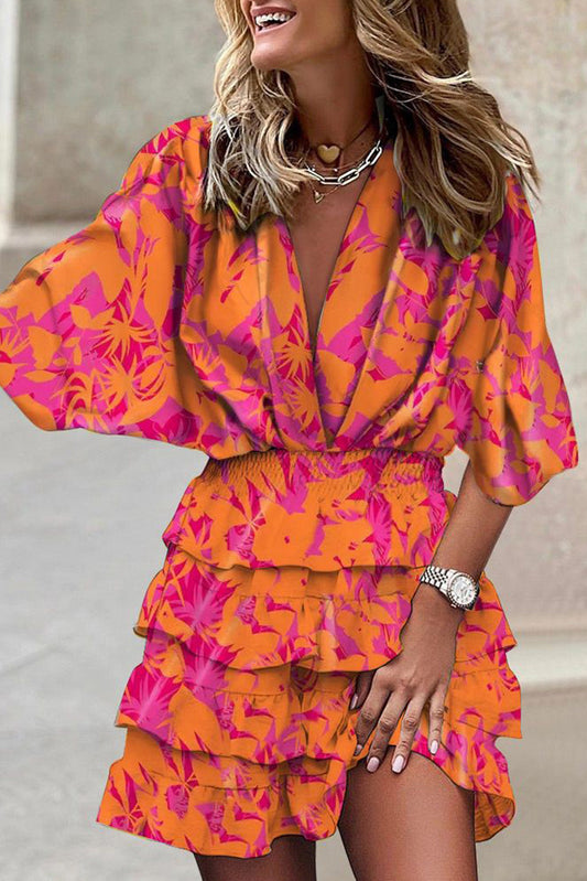 flowersverse Multicolor Floral Print Ruched V Neck Batwing Sleeve Mini Dress