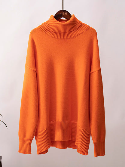 flowersverse Solid Color Long Sleeves Loose High Neck Sweater Tops Pullovers Knitwear