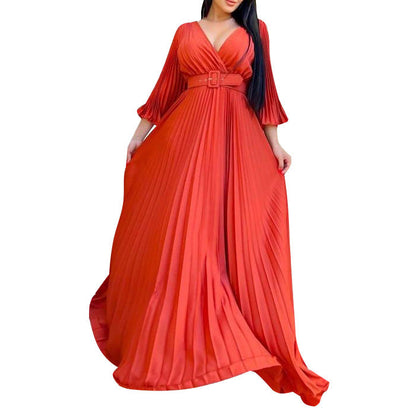 flowersverse Women's V-neck Sexy Pleated Polyester Formal Swing Maxi Dress