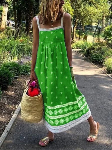 flowersverse Plus Size Women Sleeveless Polka Dots Casual Weaving Dress