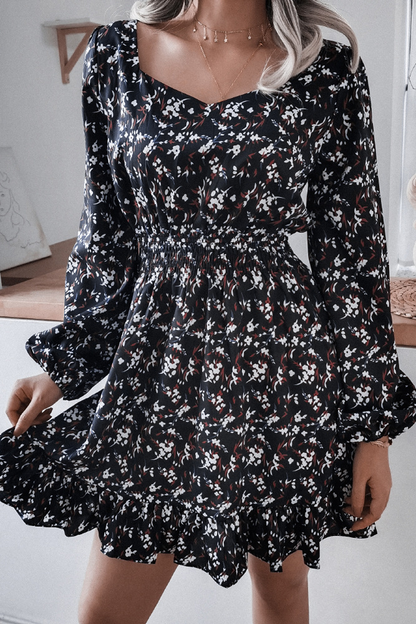 flowersverse Floral Chiffon Ruffle Lantern Sleeve Dress