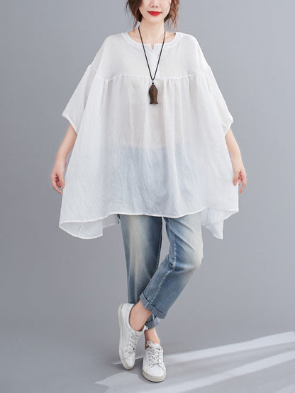 flowersverse Pleated See-Through Solid Color Half Sleeves Loose Round-neck Blouses&shirts Tops