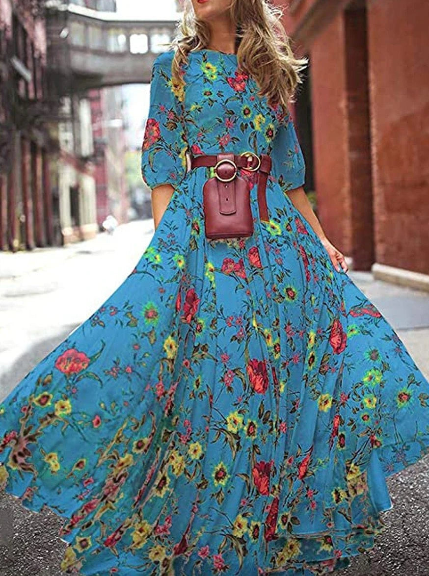 flowersverse Spring and Summer Print Chiffon Maxi Dress