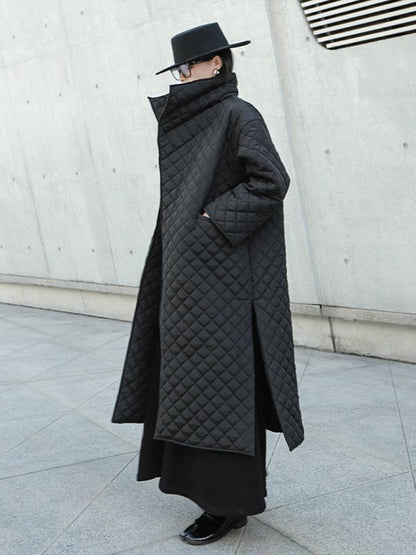 flowersverse Black Rhombic Split-Side High Collar Long Coat