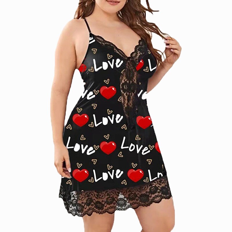 flowersverse Women's Plus Size Curve Black Dress Heart V Neck Lace Sleeveless Spring Summer Casual Sexy Short Mini Dress Causal Daily Dress / Print