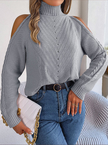 flowersverse Solid Color Split-Joint Long Sleeves Loose Cold Shoulder Sweater Tops