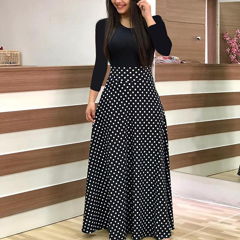 flowersverse Women's Casual Dress Sheath Dress Long Dress Maxi Dress Black And White Color bar Dots Long Sleeve Floral Print Winter Fall Spring Crew Neck Winter Dress Daily Fall Dress Slim S M L XL XXL XXXL 4XL