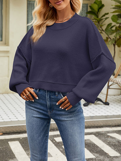 flowersverse Solid Color Split-Joint Split-Side Batwing Sleeves High-Low Round-Neck Sweater Tops Pullovers