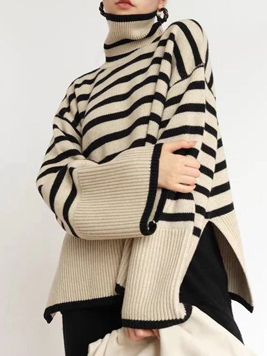 flowersverse Contrast Color Split-Joint Split-Side Striped Long Sleeves Loose High Neck Sweater Tops