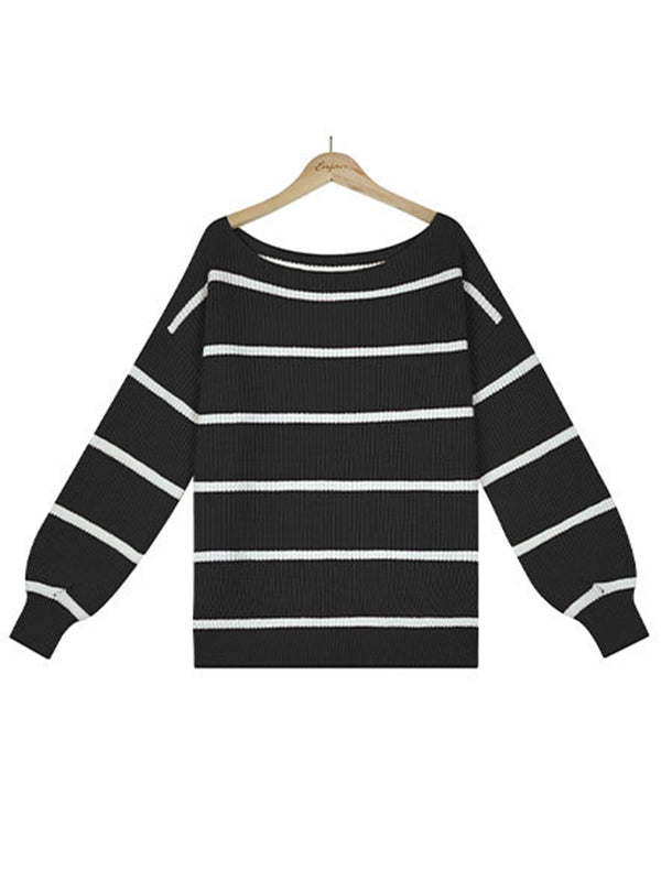 flowersverse Long Sleeves Striped Off-The-Shoulder Sweater Tops