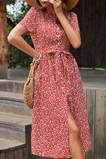 flowersverse Ditsy Floral Button Front Tied Puff Sleeve Dress