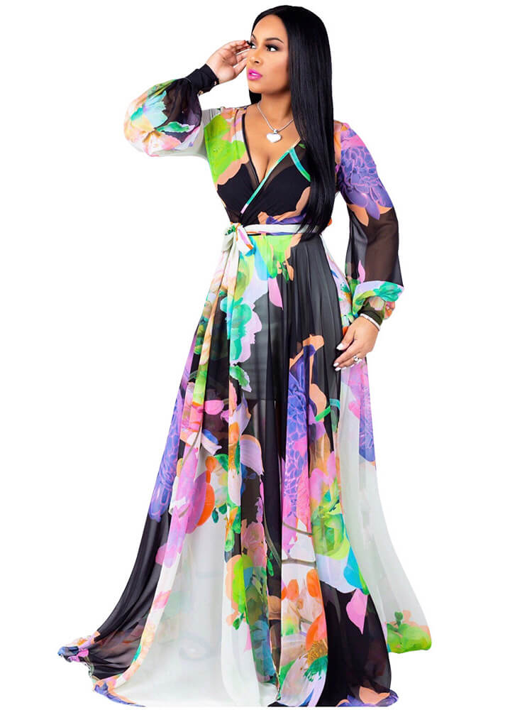 flowersverse Chiffon Floral Printed V Neck Wrap Boho Maxi Dresses