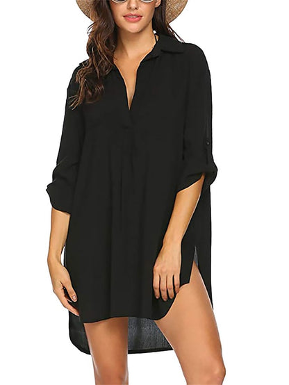 flowersverse Women's Shirt Dress Cover Up Beach Wear Mini Dress Pocket Split Basic Casual Plain Turndown 3/4 Length Sleeve Loose Fit Outdoor Daily Black  Summer Spring S M L XL