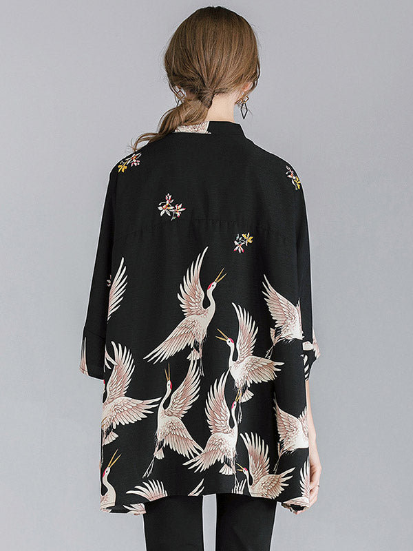 flowersverse Original Crane Printed Buttoned Stand Collar Half Sleeves Blouse