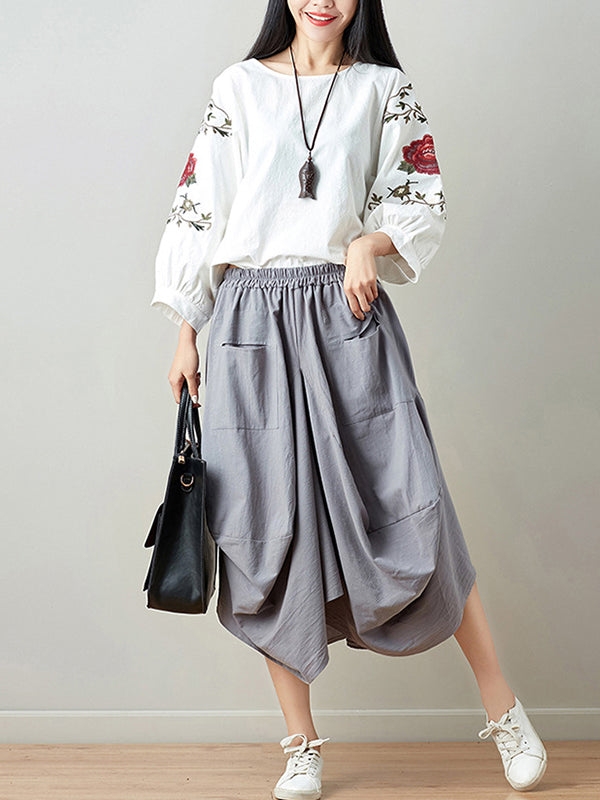 flowersverse Artistic Retro Ramie Cotton 6 Colors Loose Irregular Elasticity Skirt