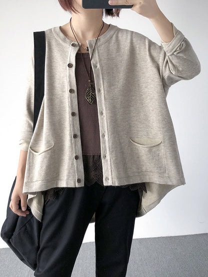 flowersverse Casual Loose Buttoned 8 Colors High-Low Round-Neck Long Sleeves Cardigan Tops