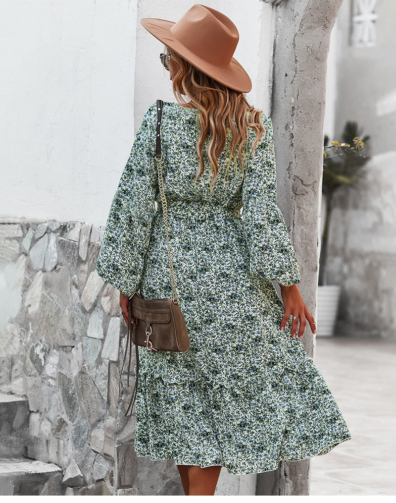 flowersverse Autumn Winter Sexy V Neck Print Dress Women Casual Full Sleeve Bandage Medium Long Floral Dresses High Wasit