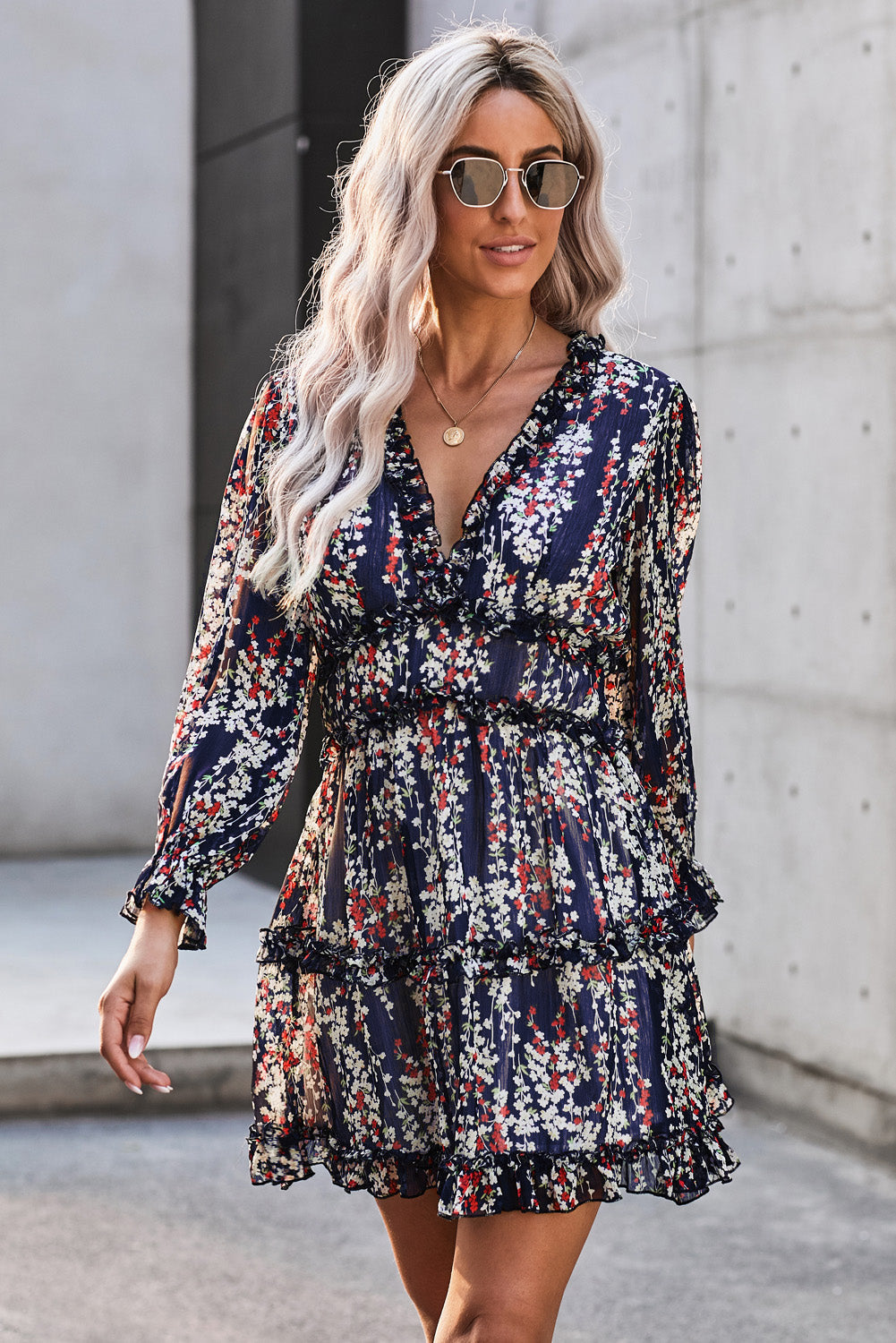 flowersverse Classy Floral Frill Trim Plunge Flounce Sleeve Mini Dress