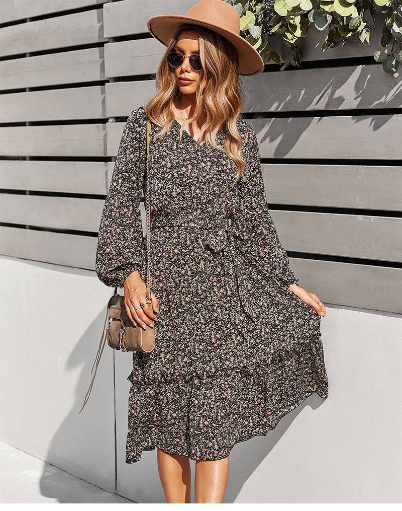 flowersverse Autumn Winter Sexy V Neck Print Dress Women Casual Full Sleeve Bandage Medium Long Floral Dresses High Wasit