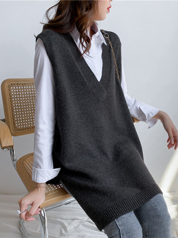 flowersverse Trendy Sleeveless Split-Side Solid Color V-Neck Knitted Vest