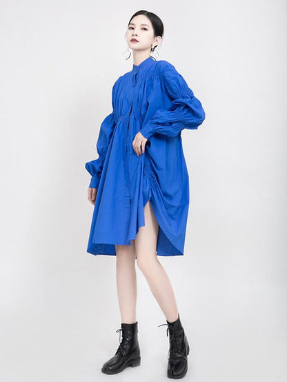 flowersverse Blue Loose Pleated Cropped Blouse Dress