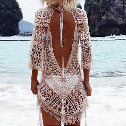 flowersverse Women's Swimwear Cover Up Beach Dress Normal Swimsuit Tassel Hole Pure Color White Black Beige V Wire Bathing Suits New Vacation Fashion / Sexy / Modern