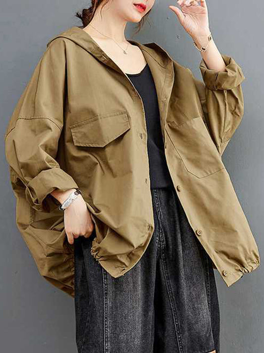 flowersverse Buttoned Pleated Pockets Solid Color Long Sleeves Loose Hooded Trench Coats Outerwear