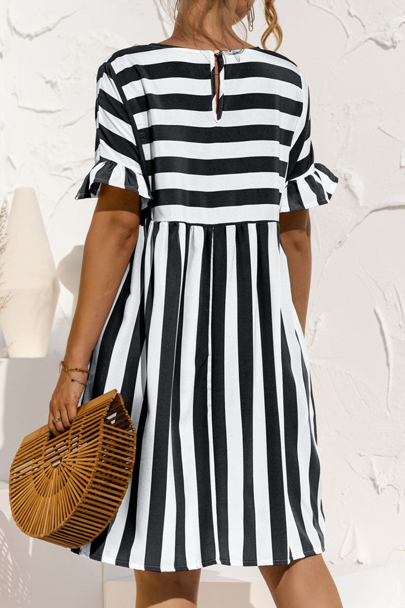 flowersverse Fashion Casual Striped Patchwork O Neck A Line Dresses