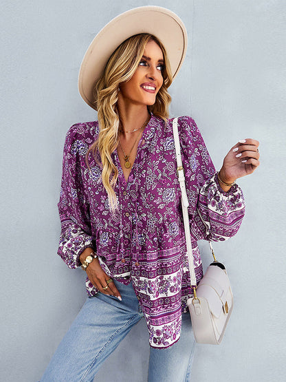 flowersverse Long Sleeve Button Floral Blouse