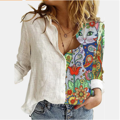 flowersverse 5XL 3D Digital Portrait Letter Printing Casual Women Blouse Oversized Spring Autumn Loose Button Cardigan Long Ladies Shirt New