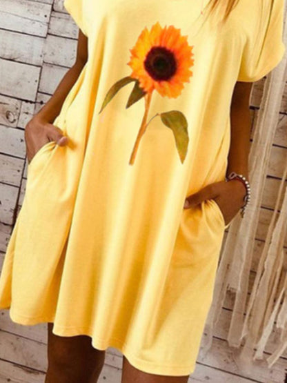 flowersverse Yellow Floral Date Daily Casual V neck A-Line Short Sleeve Knitting Dress