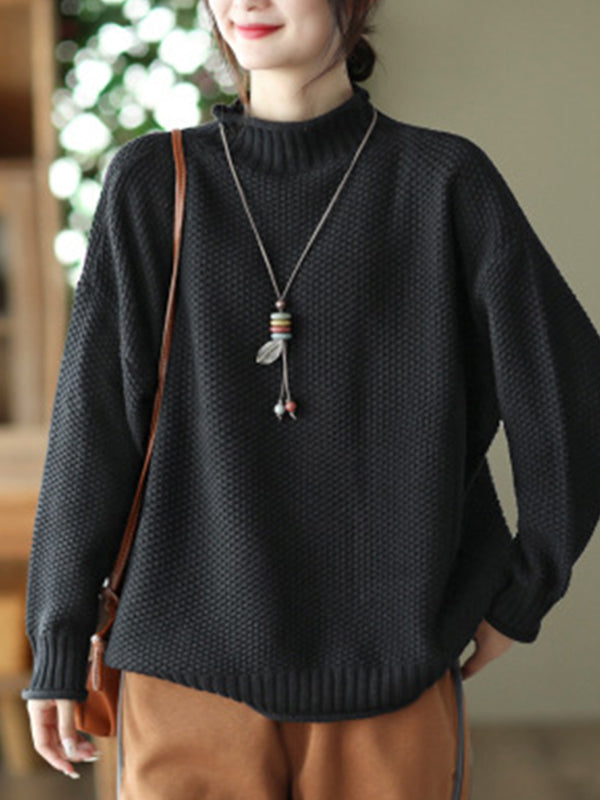 flowersverse Vintage Long Sleeves Loose Solid Color High-Neck Sweater Tops