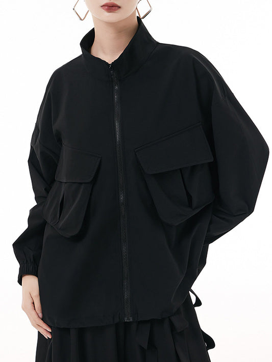 flowersverse Elasticity Pockets Solid Color Zipper Long Sleeves Loose Outerwear Jackets