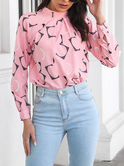 flowersverse Casual Loose Long Sleeves Contrast Color Printed Stand Collar Blouses&Shirts Tops