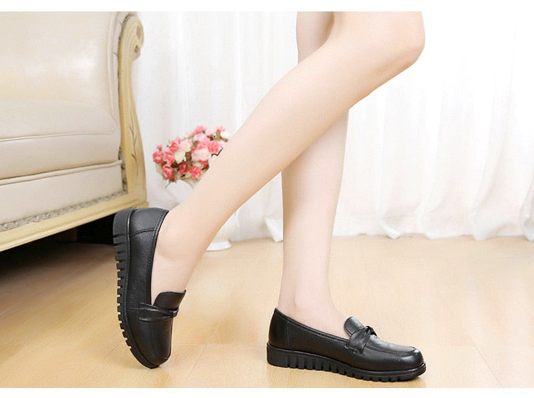 flowersverse Autumn Women's Shoes Fashion Casual Women Genuine Leather Flat Shoes Ladies Slip On Comfortable Black Work shoes Flats