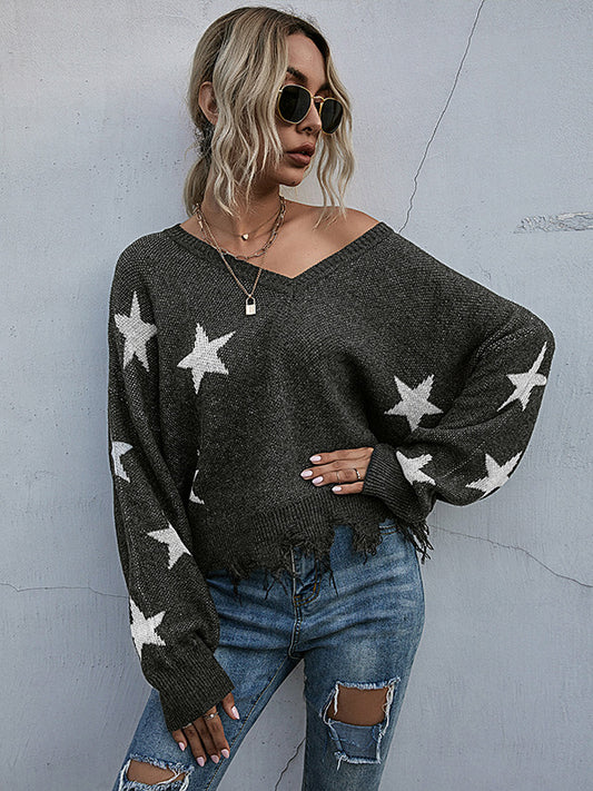 flowersverse Casual Loose Patchwork V-Neck Sweater Top