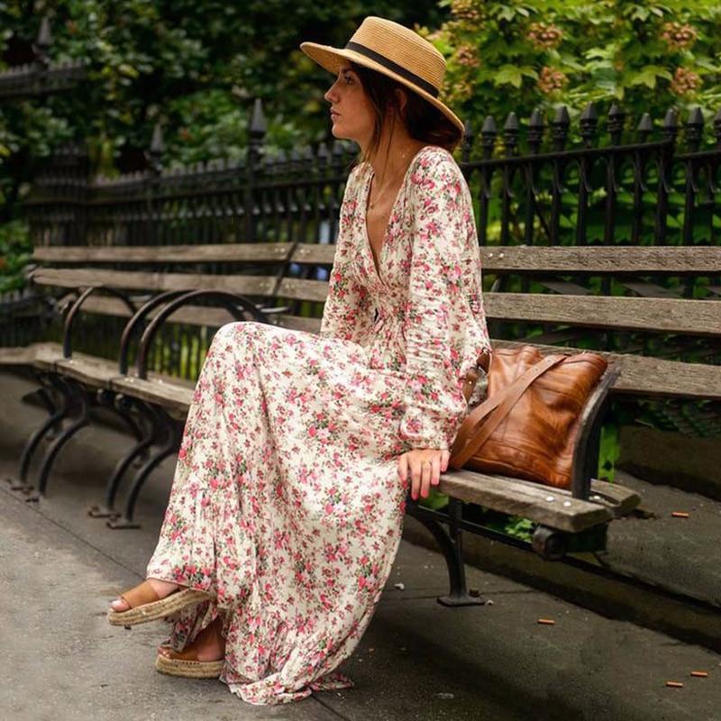 flowersverse Bohemian Printed long Dress Women Floral Printed Maxi Dresses Hippe Deep V-Neck Ruffle Dress Chic Boho Clothing Rome Femme