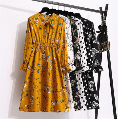 flowersverse Autumn Winter Ladies Chiffon High Elastic Waist Women Bow Aline Full Sleeve Flower Print Floral Party Dress Female Vestido