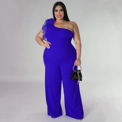 flowersverse Plus Size Ladies One Shoulder Mesh Wide Leg Pants