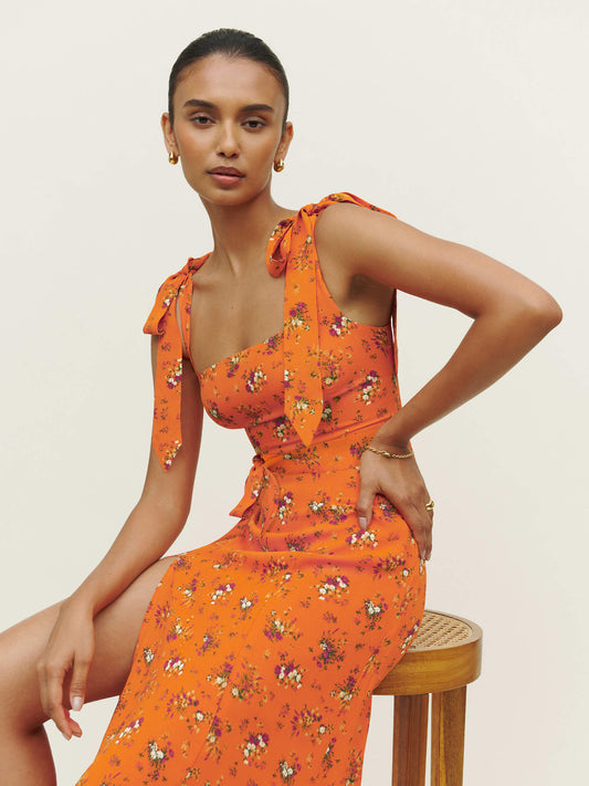 flowersverse BUDDING BEAUTY SPLIT FLORAL MAXI DRESS - ORANGE