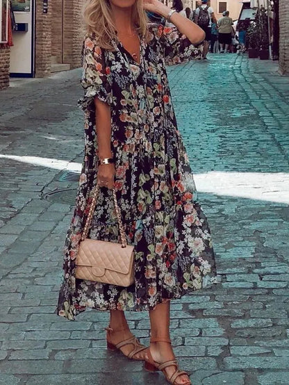 flowersverse Women's Loose Midi Dress Half Sleeve Floral Print Print Spring Summer V Neck Vacation Boho Holiday Loose  S M L XL XXL / Chiffon